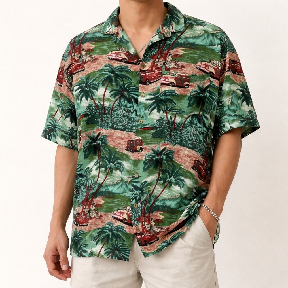 Uluwatu Mens L Tropical Scenic Print Rayon Button Down Shirt‎ Bali Classic Cars